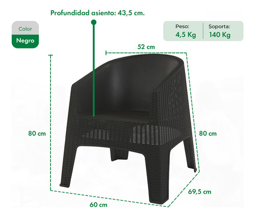 Sillón Ibiza Jardin Ratan Sintético Exterior Gardenlife Color Negro